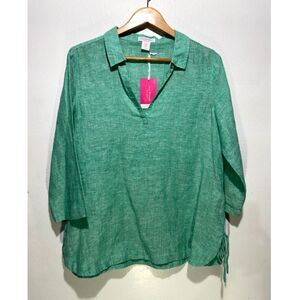 Isaac Mizrahi NY linen popover shirt beach vacation resort green women M New